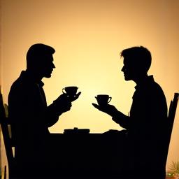 静かにお茶を飲む二人の人物のシルエット